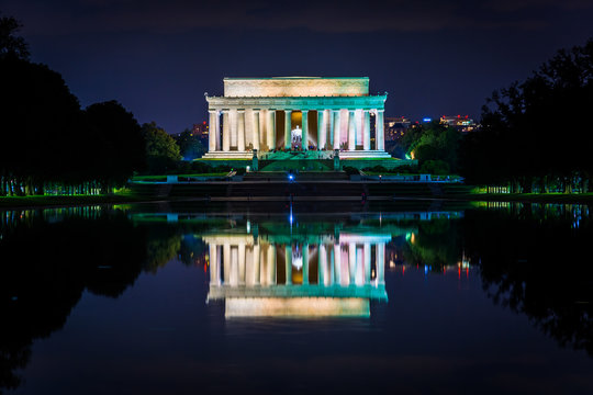 The Lincoln Memorial And Reflecting Pool At Night, At The Nation