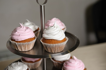 Delicious sweet buffet with cupcakes. Sweet holiday buffet with