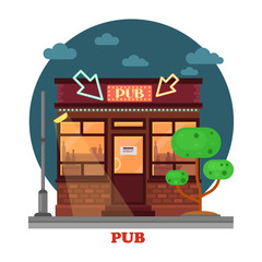 Side street view on night pub with aclohol