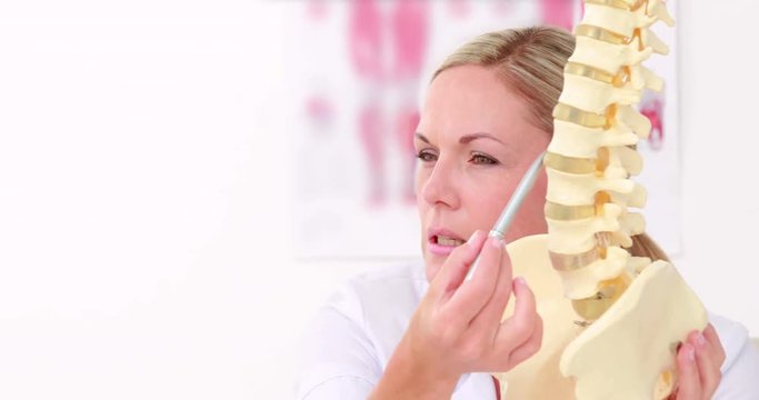 Doctor showing anatomical spine to her patient