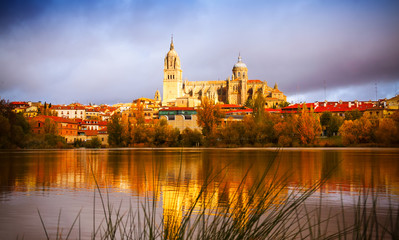 Fototapeta na wymiar Salamanca Cathedral from River in autumn