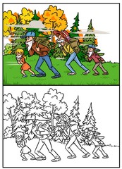  Forest fire smoke tourists safety table cartoon illustration