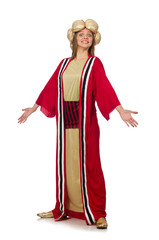 Woman wizard in red clothing isolated on white