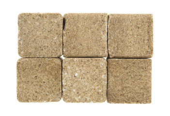 Group of beef flavored bouillon cubes on a white background.