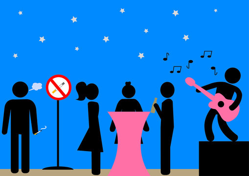 Illustration Rauchverbot; Qualm; Zigarette; Geselligkeit; Party; Feier; öffentlich; gesetzlich; 