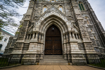 The entrance to Corpus Christi Church, in Baltimore, Maryland.