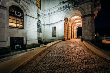 The entrance of the Rhode Island State House at night, in Provid