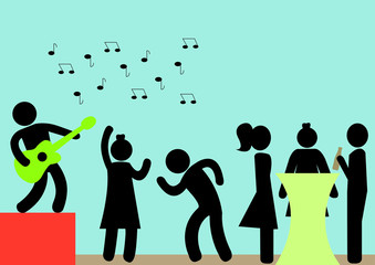 Illustration Party; Nachtleben; feiern; tanzen; Musik; Bühne; Konzert; Show; Stehtisch; Band; Unterhaltung