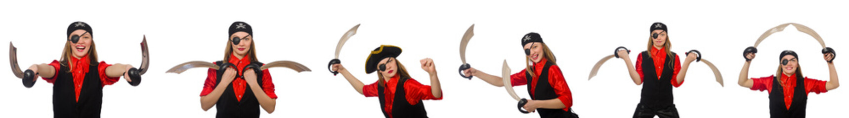 Woman pirate in various concepts on white