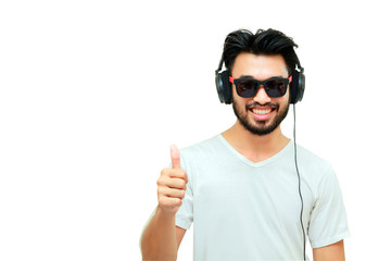 Asian handsome man with a mustache, smiling and laughing and usi