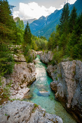 Amazing colorful Soca river gorge in Slovenian Alps