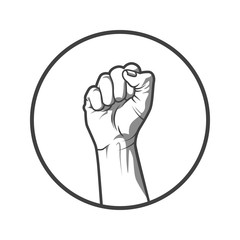 Vector illustration in black and white style of a clenched fist held high in protest.