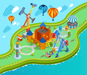 Amusement Park Isometric Cartoon Composition