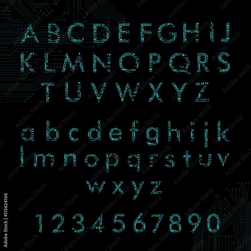 Fototapete english alphabet and digits in circuit board style