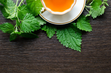 natural herbal haemostatic - organic nettle tea

in a white porcelain сup with fresh green leaves on a dark wooden table, shot at an angle of 90 degrees, for labels, packages, menus, etc
