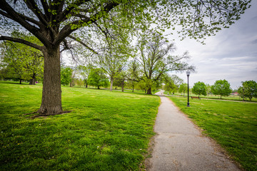Trees and walking path at Patterson Park, Baltimore, Maryland.