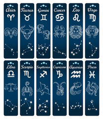 Vertical zodiac signs banners with constellations. Vector illustration - obrazy, fototapety, plakaty
