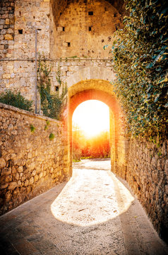The sunset in the village of Monteriggioni, Siena, Italy.