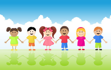 Obraz na płótnie Canvas Multicultural Kids Holding Hands. Vector Illustration.