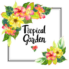 Illustration with realistic watercolor flowers. Tropical garden.