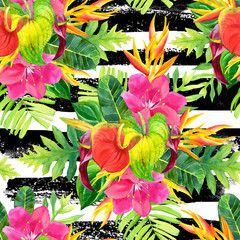 Seamless background with watercolor tropical flowers.