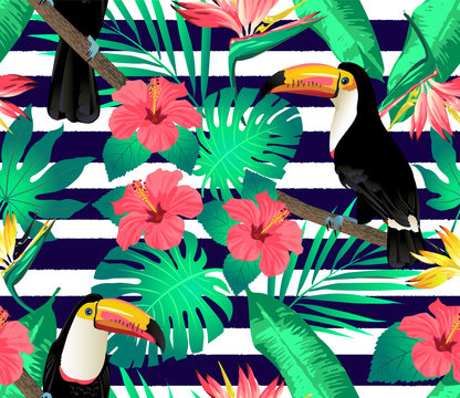 Tropical birds and palm leaves seamless background. Vector.