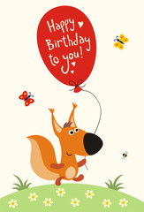 Happy birthday! Funny little squirrel with balloon to inscription 