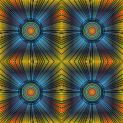 3D illustration. Seamless c radial rays and concentric circles. The three-dimensional luminous psychedelic space. Regular pattern.