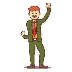 Vector cartoon business man redhead with mustache in happy pose.