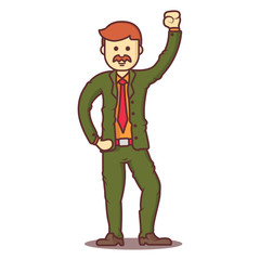 Vector cartoon business man redhead with mustache in happy pose.