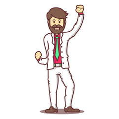 Vector cartoon business man with beard and mustache in happy pose.