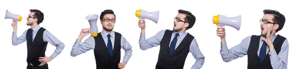 Collage of young businessman with loudspeaker on white