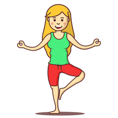 Obraz na płótnie Canvas Vector cartoon beautiful woman exercising yoga poses.Health girl relax in fitness poses.