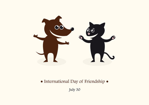 International Day of Friendship vector. Black cat and brown dog. Cartoon characters friends. Vector illustration. Important day