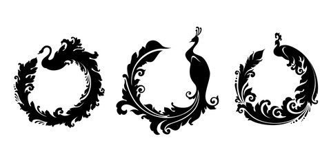 Set of decorative birds:  swan, peacock
