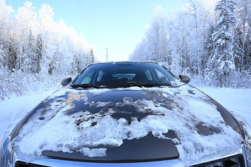 Car winter road snow forest tour