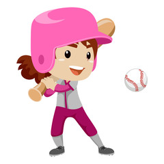 Vector Illustration of a Kid Girl Baseball Player Strike a Ball