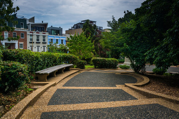 Walkway and bench at Meridian Hill Park, in Washington, DC.