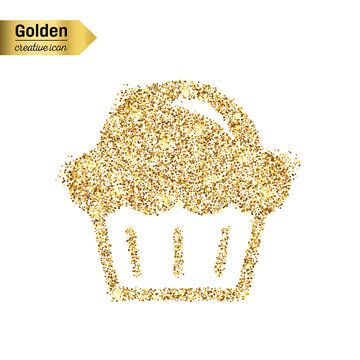 Gold glitter vector icon of muffin isolated on background. Art creative concept illustration for web, glow light confetti, bright sequins, sparkle tinsel, abstract bling, shimmer dust, foil.