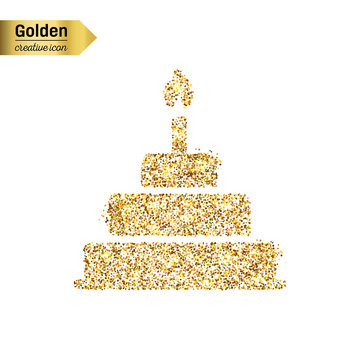 Gold glitter vector icon of cake isolated on background. Art creative concept illustration for web, glow light confetti, bright sequins, sparkle tinsel, abstract bling, shimmer dust, foil.