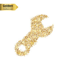 Gold glitter vector icon of spanner isolated on background. Art creative concept illustration for web, glow light confetti, bright sequins, sparkle tinsel, abstract bling, shimmer dust, foil.