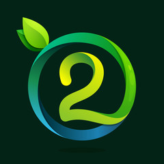 Fototapeta premium Number two logo with green leaves and water waves.