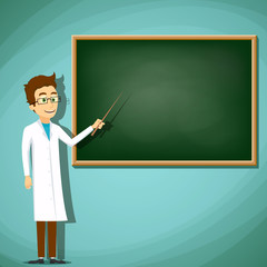 Man in white lab coat standing next to the board. Stock Vector c