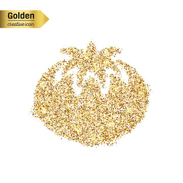 Gold glitter vector icon of tomato isolated on background. Art creative concept illustration for web, glow light confetti, bright sequins, sparkle tinsel, abstract bling, shimmer dust, foil.