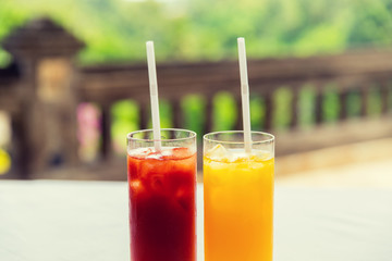 glasses of fresh fruit juice at restaurant