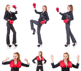 Woman businesswoman with boxing gloves on white