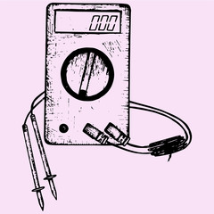 Digital multimeter with wires shows 0 volts on LCD display. Electronic multimeter doodle style sketch illustration hand drawn vector