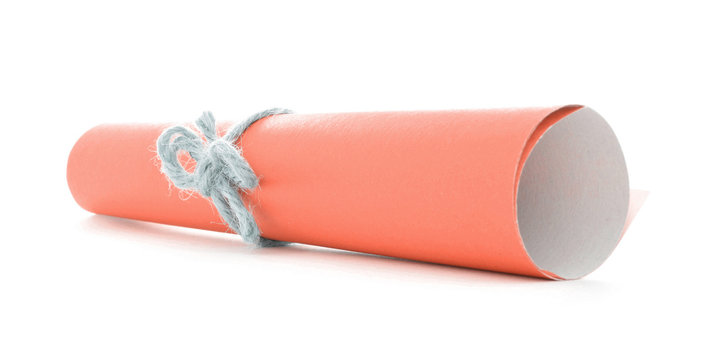 Orange paper roll tied with cord, one natural knot isolated