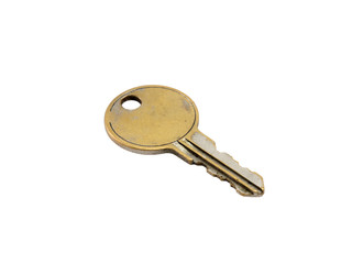 Old brass key on isolate white background.