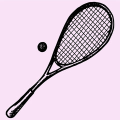 squash racket, ball doodle style sketch illustration hand drawn vector